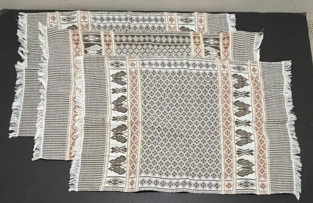 Woven Brown & Rust Pattern Placemats Set of 3 Handcrafted Table Linens 20x13